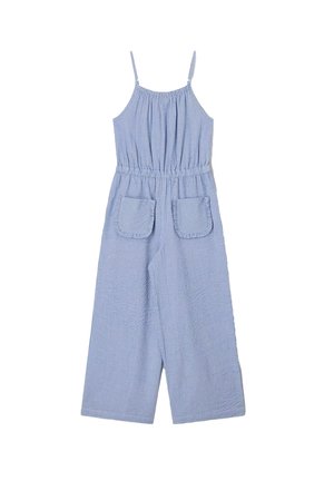 Hellblau-weiß gestreifter ärmelloser Jumpsuit mit Spaghettiträgern, elastischem Bund, weitem Bein und zwei aufgesetzten Fronttaschen mit Rüschenbesatz.