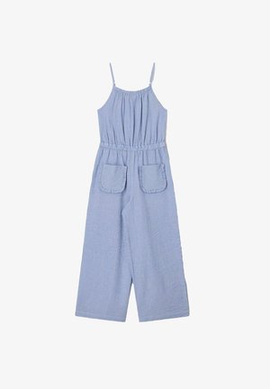 Hellblau-weiß gestreifter ärmelloser Jumpsuit mit Spaghettiträgern, elastischem Bund, weitem Bein und zwei aufgesetzten Fronttaschen mit Rüschenbesatz.
