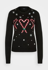 Maglione lavorato a maglia nero con motivi di bastoncini di zucchero rossi e bianchi, fiocchi di neve e dettagli verdi. Collo a giro e maniche lunghe.