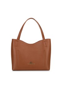 Bruine leren totebag met een gestructureerd oppervlak, een gebogen bovenrand, twee korte handvatten en een vo pocket. Voorzien van een gouden logo accent.