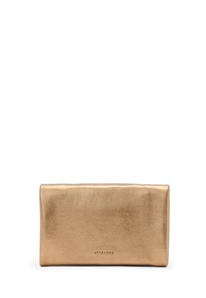 Metallic gold leather clutch with a smooth texture and a rectangular shape. Features embossed logo on the front surface.