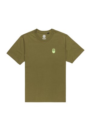 Olive green cotton T-shirt with short sleeves, crew neck, and a small light green logo on the upper left. Smooth texture, casual design.