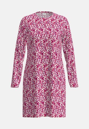 Langärmliges Kleid mit einem rosa Blumenmuster auf weißem Hintergrund, mit rundem Ausschnitt und lässiger Passform. Weicher, leichter Stoff.