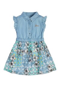 Jeansklänning med korta volangärmar, krage, knappar fram och en blå blommig kjol med gröna och gula accenter.