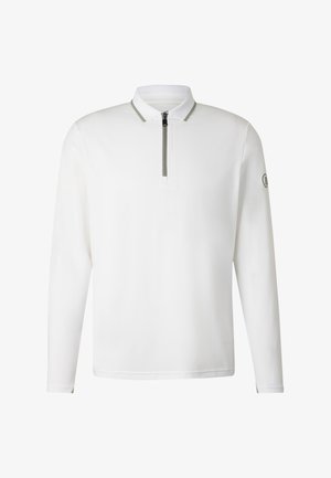 Witte polo met lange mouwen en ritssluiting, groene bies op de kraag en rits, en een klein logo op de linker mouw.