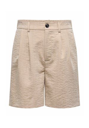 Pantalones cortos beige con una tela texturizada, con cierre de botón, pliegues en la parte delantera y un corte relajado. Adecuados para un uso informal.