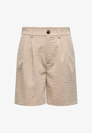 Beige shorts with a textured fabric, featuring a button closure, pleats at the front, and a relaxed fit. Suitable for casual wear.