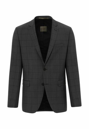 Grijs geruit blazer van een textuur stof, met twee knopen, gekartelde revers en voorzakken. Zwarte binnenvoering zichtbaar.