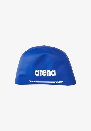 Bonnet de bain en silicone bleu avec logo "arena" blanc et lignes décoratives centrées à l'avant.