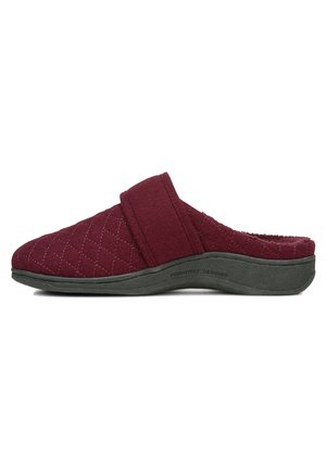 Burgundy quilted slippers with a soft upper, wide strap, textured insole, and a dark green slip-resistant outsole, designed for comfort.