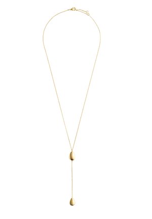 Delicata collana a catena d'oro con due pendenti a forma di goccia lisci, uno al centro e uno sospeso sotto su una sottile estensione.