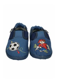 Blue toddler shoes with elastic backs; left shoe has a soccer ball design, right shoe features a boy in a red shirt and cap kicking a ball.