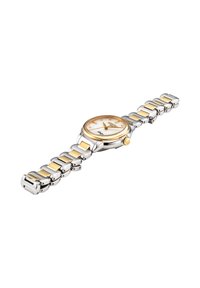 Reloj en tonos plateado y dorado con una esfera redonda blanca, marcadores de hora dorados, una función de fecha y una pulsera de eslabones de acero inoxidable.