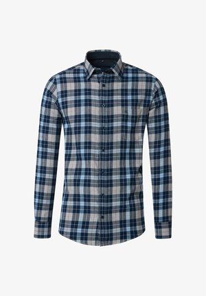 Long-sleeve plaid shirt featuring a mix of navy, gray, and light blue colors, made of cotton, with a button-down collar and single chest pocket.