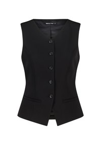 Chaleco negro sin mangas con escote en V, que presenta seis botones frontales y dos bolsillos laterales, fabricado con una tela suave.