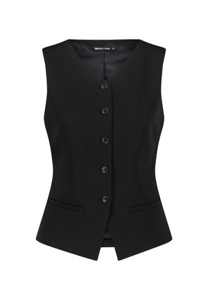 Schwarze ärmellose Weste mit V-Ausschnitt, ausgestattet mit sechs Knöpfen an der Vorderseite und zwei Seitentaschen, hergestellt aus einem glatten Stoff.