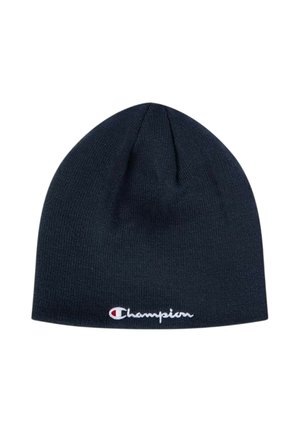 Cappello in maglia nero con il logo Champion ricamato in bianco e rosso, centrato vicino al bordo inferiore.