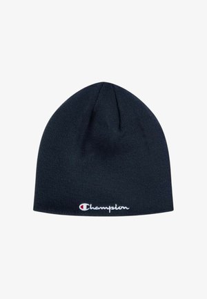 Cappello in maglia nero con il logo Champion ricamato in bianco e rosso, centrato vicino al bordo inferiore.