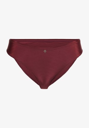 Burgundy striped bikini-style underwear with a small metallic decorative charm at the center front waistband.