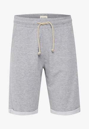 Szare bawełniane szorty z prążkowanym pasem w talii, z beżowym sznurkiem i białym wykończeniem na dole. Casualowy design dla wygody.