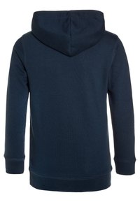 Felpa in cotone blu navy con cappuccio regolabile, maniche lunghe e polsini e orlo a costine. Texture liscia con dettagli di cucitura minimi.