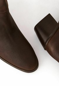 Botas tobilleras de cuero marrón con textura suave, puntera afilada y tacones cuadrados. Presentan costuras superiores y un acabado mate.