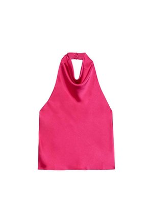 Haut dos nu rose vif à encolure drapée avec fermeture par boutons à l'arrière du cou.