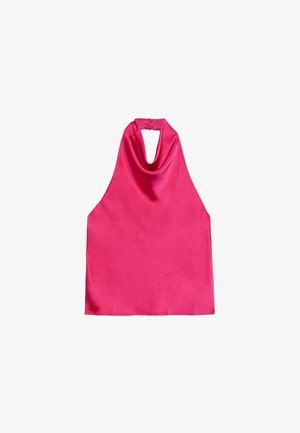 Haut dos nu rose vif à encolure drapée avec fermeture par boutons à l'arrière du cou.