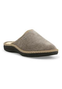 Pantofole in velluto a coste marroni con rifinitura beige, punta arrotondata e superficie texture. Fodera morbida e suola in gomma nera per il comfort.