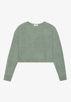 Pull en maille verte raccourci avec un décolleté en V, des manches longues et une texture côtelée, arborant un design décontracté sans embellissements supplémentaires.