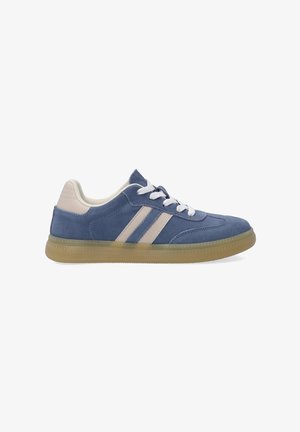 Blue suede sneakers with two light beige stripes, white laces, and a gum rubber sole. Low-top design with a padded collar and tongue.