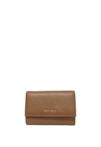 Brown leather wallet with a textured surface, a fold-over design, and embossed brand name "Coccinelle" on the front.