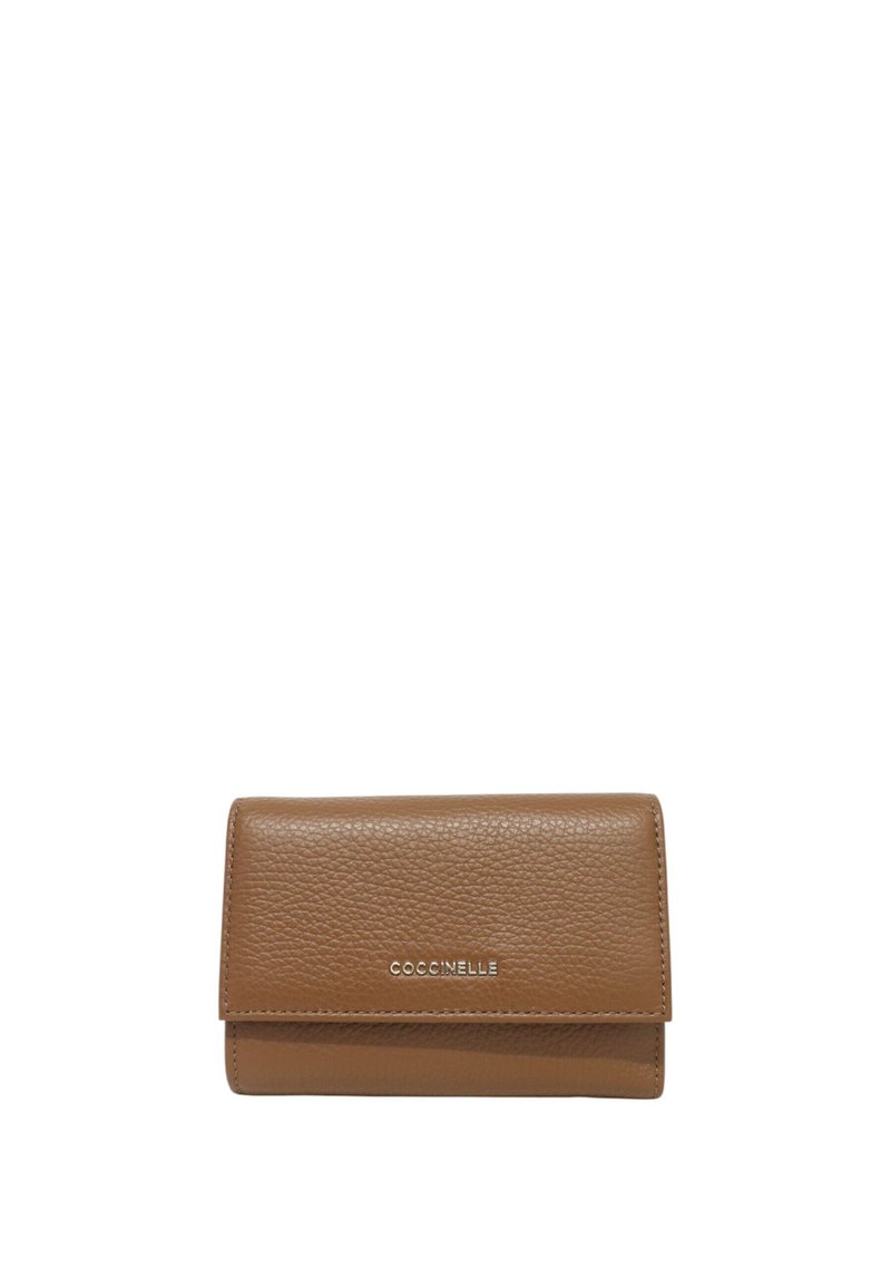 Brown leather wallet with a textured surface, a fold-over design, and embossed brand name "Coccinelle" on the front.