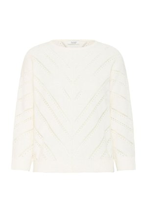 Valkoinen neulepaita, jossa on V-kaula-aukko ja chevron-kuvio avosilmukkadetaljeilla. Siinä on pitkät hihat sekä resorit hihoissa ja helmassa.