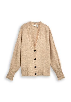 Beżowy sweter na drutach z głębokim dekoltem w kształcie litery V, długimi rękawami, ściągaczami na mankietach i rządem czarnych guzików na przodzie. Miękka, fakturowana tkanina.