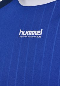 Blå atletisk skjorte med lodret ribbet tekstur, rund halsudskæring og hvid "hummel PERFORMANCE" logo. Fremstillet af let materiale.
