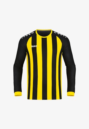 Maillot de sport à manches longues avec des rayures verticales jaunes et noires, manches noires, poignets jaunes et logo blanc JAKO sur la poitrine.