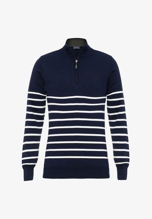 Navy knit sweater with white horizontal stripes, half-zip collar, ribbed cuffs, and hem. Soft texture and classic design.