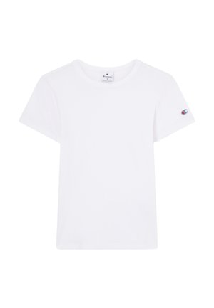 Witte katoenen t-shirt met korte mouwen, ronde hals en een klein logo-opdruk op de linkermouw. Standaard pasvorm, gladde textuur.