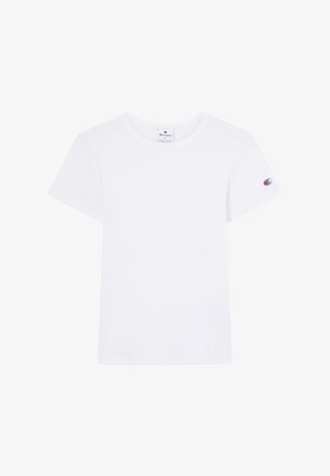 Weißes Baumwoll-T-Shirt mit kurzen Ärmeln, Rundhalsausschnitt und einem kleinen Logopatch am linken Ärmel. Standardpassform, glatte Textur.