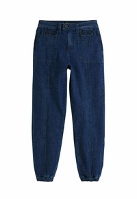 Pantalones de mezclilla azul oscuro con una cinturilla elástica, dos bolsillos delanteros con botones y tobillos ajustados. Textura suave y diseño casual.