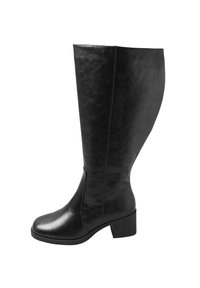 Svarta knähöga stövlar i slät syntetisk läder med klack och en elegant, lätt texturerad yta.