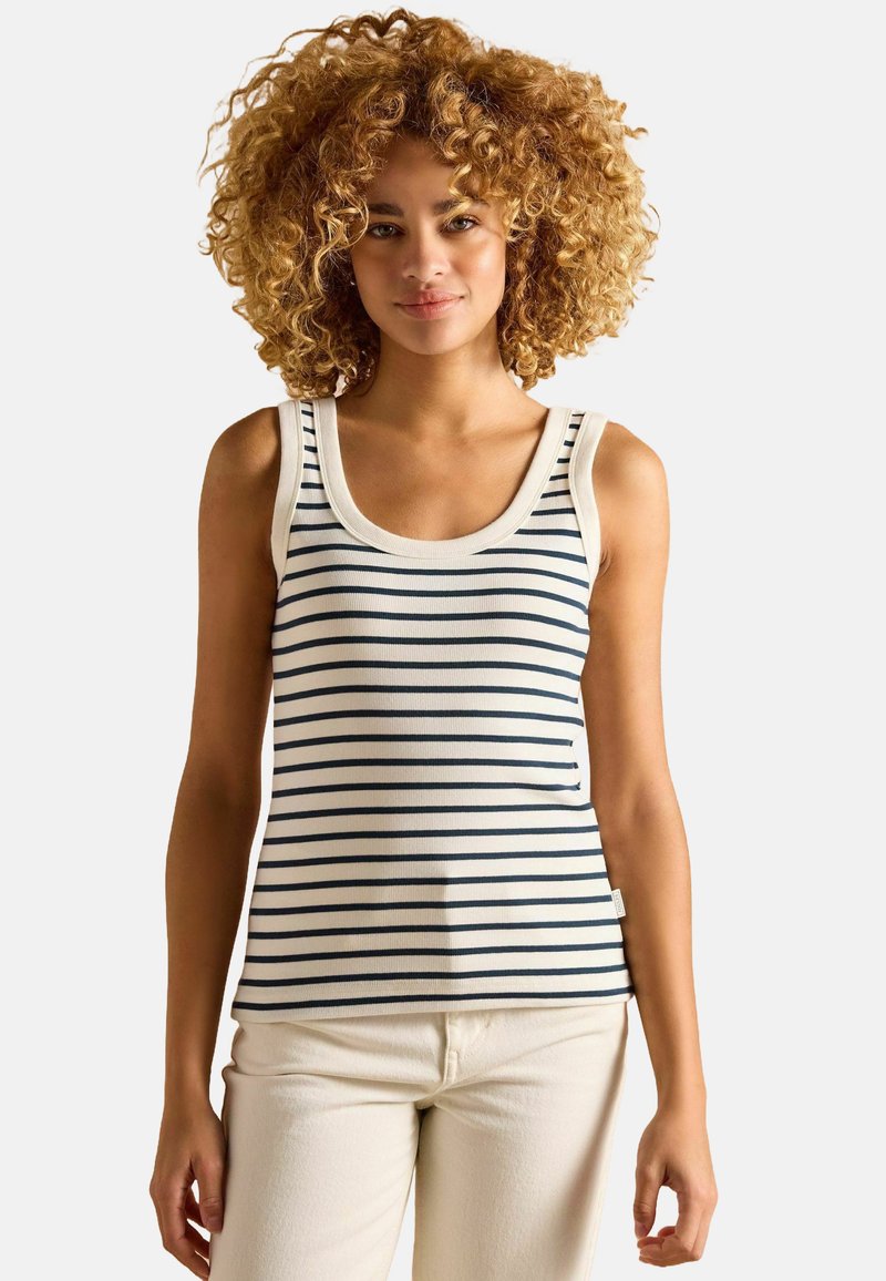 White striped tank top featuring navy vertical stripes, a rounded neckline, and wide shoulder straps, paired with light-colored pants.