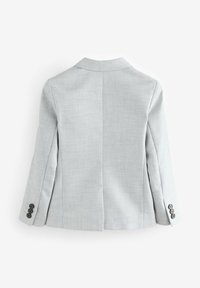 Blazer grigio chiaro con tessuto texturizzato, colletto a punta e dettaglio a tre bottoni su ciascun polsino, con un design posteriore pulito e sartoriale.