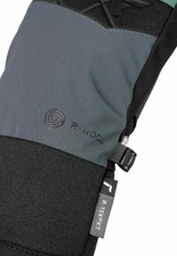 Außenhandschuh mit einer Mischung aus dunkelgrauen und schwarzen Stoffen, strukturierten Oberflächen und markanten Akzenten mit den R-WOOL- und R-TEXOT-Logos.