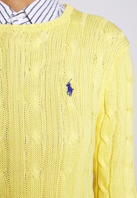Žlutý pletený svetr s kabelovým vzorem a malým modrým logem. Má kulatý výstřih a dlouhé rukávy. Nosi se přes pruhovanou košili.