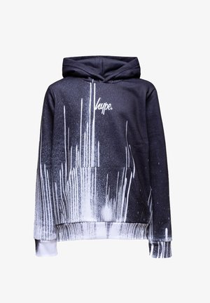Schwarzer Hoodie mit weißem Farbspritz-Design, ausgestattet mit einer Fronttasche und Kapuze mit Kordelzug. Das Material hat eine glatte Textur. Logo auf der Brust.
