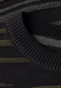 Black and grey knitted sweater with ribbed neckline, featuring horizontal green stripes and a textured fabric pattern.