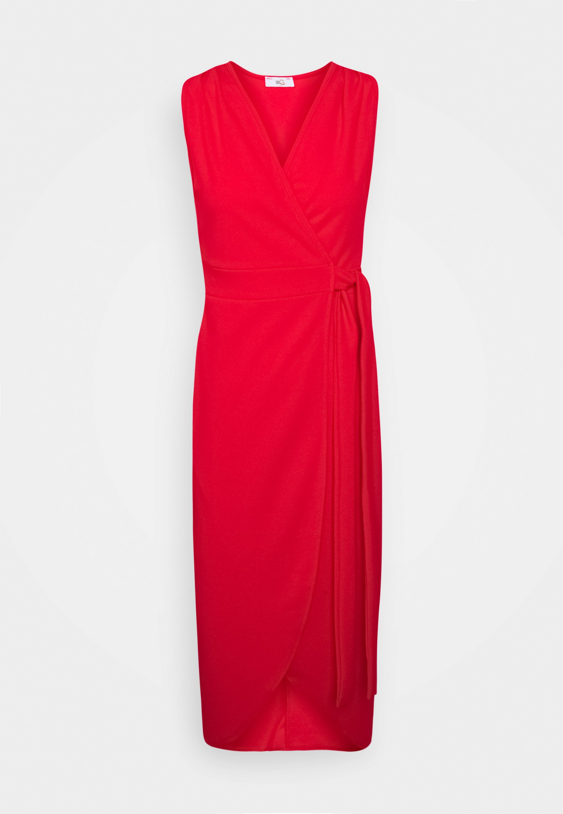 red sleeveless wrap dress