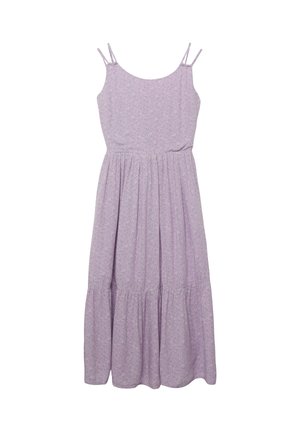 Lawendowa sukienka midi bez rękawów z cienkimi podwójnymi ramiączkami i małym kwiatowym wzorem, z marszczoną talią i wielowarstwową spódnicą.
